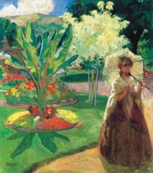 Lady With Parasol In The Park Oil Painting by Vilmos Nagy