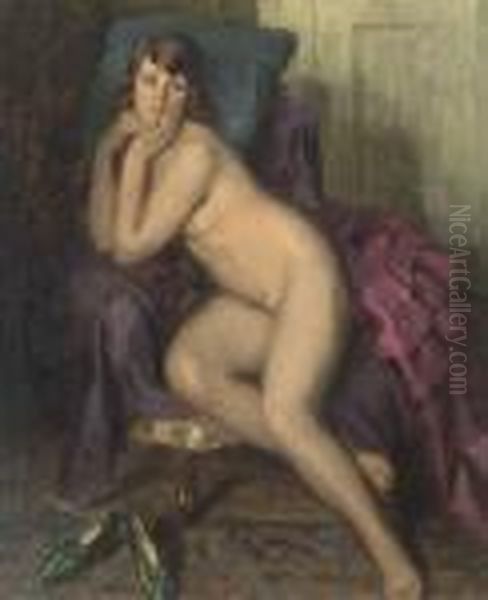 A Seated Nude Oil Painting by Vilmos Nagy