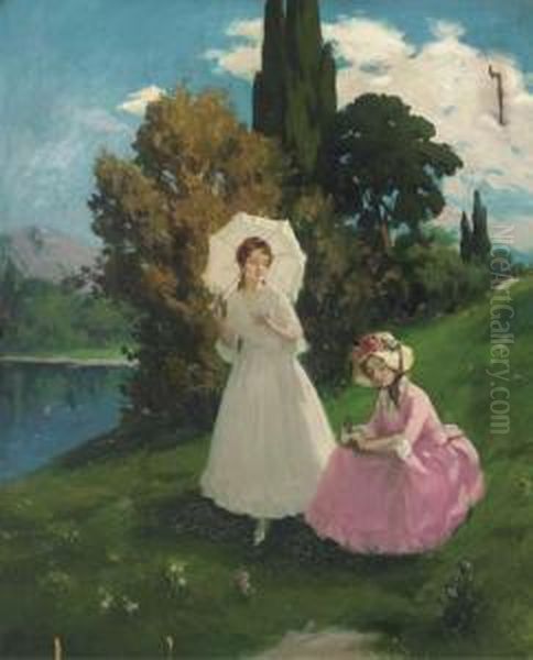Young Ladies Beside A Lake Oil Painting by Vilmos Nagy