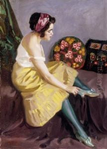 Woman Dressing Oil Painting by Vilmos Nagy