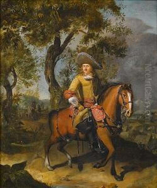 An Equestrian Portrait Of A 
Cavalry Officer Of The Dutch East India Company With A Military 
Encampment Beyond Oil Painting by Matthijs Naiveu