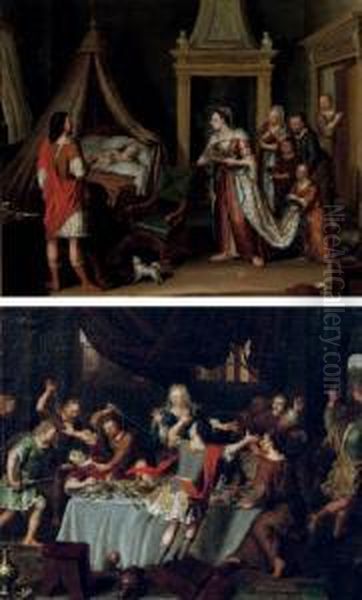 Absalon Having His Half-brother 
Amnon Killed At A Banquet; And The Reconciliation Of Absalon With His 
Father, King David, Through The Mediation Of The Woman From Tekoa Oil Painting by Matthijs Naiveu