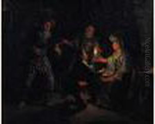 Scene D'interieur Hollandais Avec Un Arlequin Medecin Oil Painting by Matthijs Naiveu