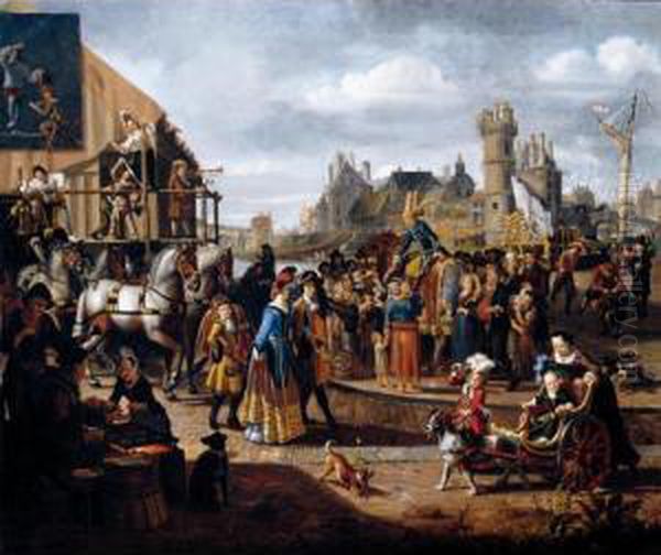 Carnival Scene In A Dutch 
Riverside Town, With Actors Performing, An Elegant Couple Promenading 
And A Young Child In A Cart Being Pulled By A Dog Oil Painting by Matthijs Naiveu
