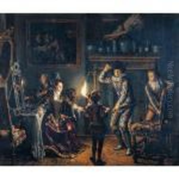 A Candle-lit Interior With A 
Harlequin Presented To A Lavishly Dressed Woman At Her Dressing Table Oil Painting by Matthijs Naiveu