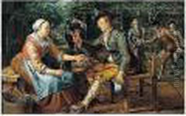 Figures Outside A Tavern, With A
 Lady Offering An Onion And Herring To A Young Man, Others Playing 
Skittles Beyond Oil Painting by Matthijs Naiveu