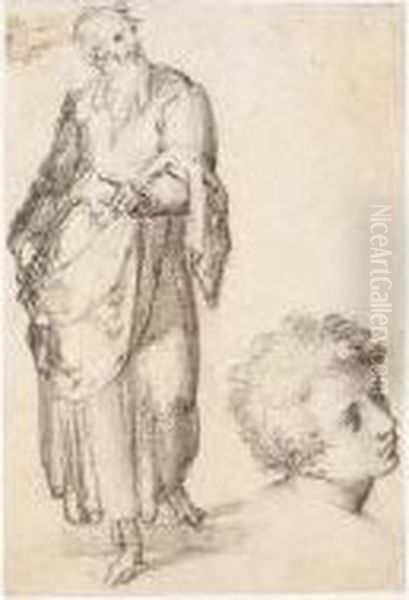 A Standing Bearded Man And A 
Separate Study Of The Head Of A Young Man Seen Almost In Profile Oil Painting by Giovan Battista Naldini