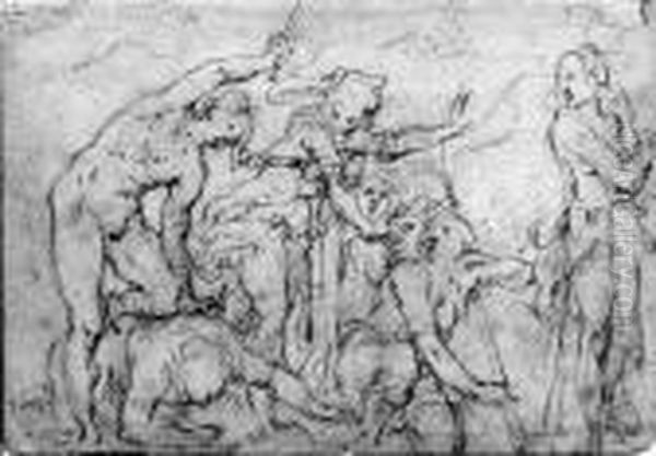A Group Of Figures Fighting 
(recto); A Study After Michelangelo(verso): A Page From An Album Oil Painting by Giovan Battista Naldini