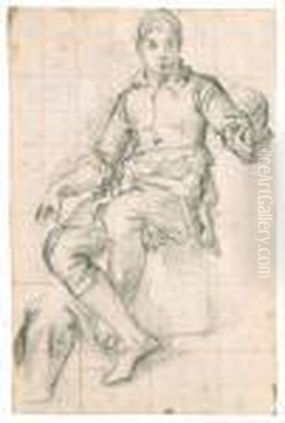 A Seated Boy, A Subsidiary Study Of Drapery, And A Faint Study Of Ahead, Upper Left
With Inscription 'carache'
Black And White Chalk, Squared In Red Chalk, Watermark Device Oil Painting by Giovan Battista Naldini
