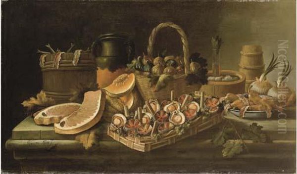 Cestino Con Ricci E Capesante, 
Cestino Di Fichi, Un Piatto Conolive, Pere E Filetto Di Alici, Cipolle, 
Meloni E Vari Contenitoridi Legno Oil Painting by Giacomo Nani