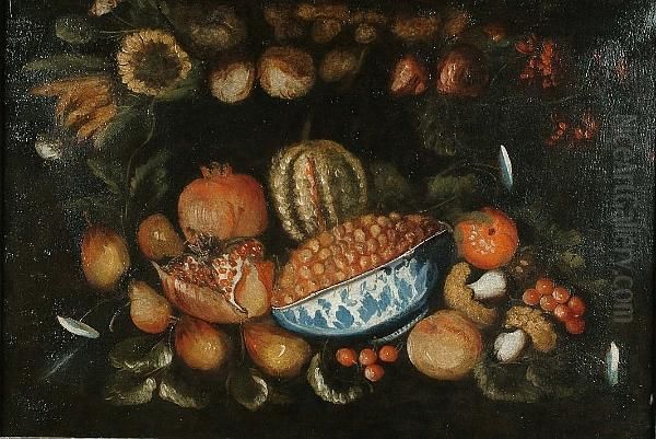 Still Life With Pomegranites, 
Cherries, A Blue And White Bowl Of Currants, Other Fruit, Funghi And 
Flowers Oil Painting by Giacomo Nani