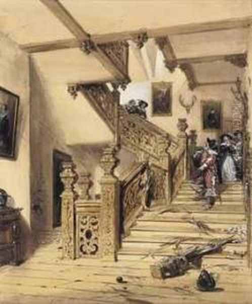 A Duel On The Staircase Of Aston
 Hall, Warwickshire, A Scene Fromits Siege During The Civil War Oil Painting by Joseph Nash