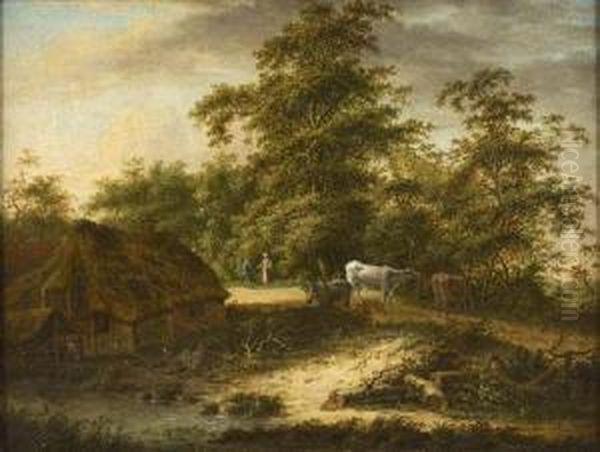 A Wooded River Landscape With Grazing Cattle Oil Painting by Jane Nasmyth