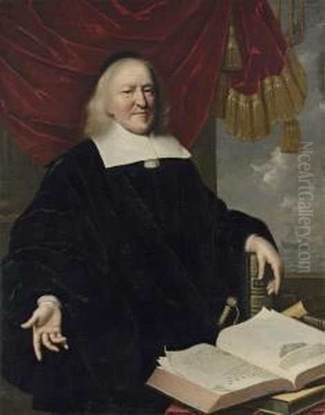 Portrait Of Hendrik Thiebaut, 
Three-quarter-length, In Black, Hisleft Hand Resting On A Copy Of The 
Bible, An Open Copy Of Annaleset Histoires Des Troubles Du Pais-bas On 
The Table In Front Of Him,a Draped Curtain And Coastal Landscape Beyond Oil Painting by Pieter Nason