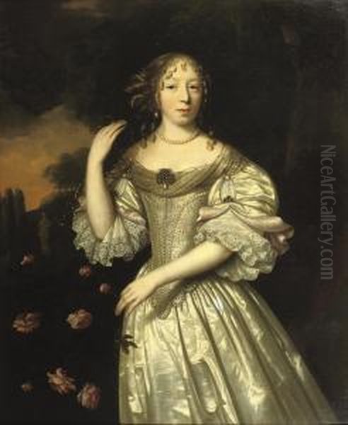 Portrait Of A Lady, 
Three-quarter-length, In A Silver Silk Dressdecorated With Pearls, 
Standing In A Park Landscape Near A Bush Ofroses Oil Painting by Pieter Nason