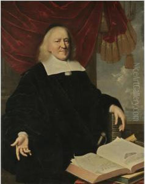 Portrait Of Hendrik Thibaut, 
Three-quarter Length Seated Before A Red Curtain Wearing Black, With His
 Left Hand Resting On A Copy Of The Bible And On A Table In Front Of Him
 An Open Copy Of Annales Et Histoires Des Troubles Du Pais-bas , A View 
Of Oil Painting by Pieter Nason