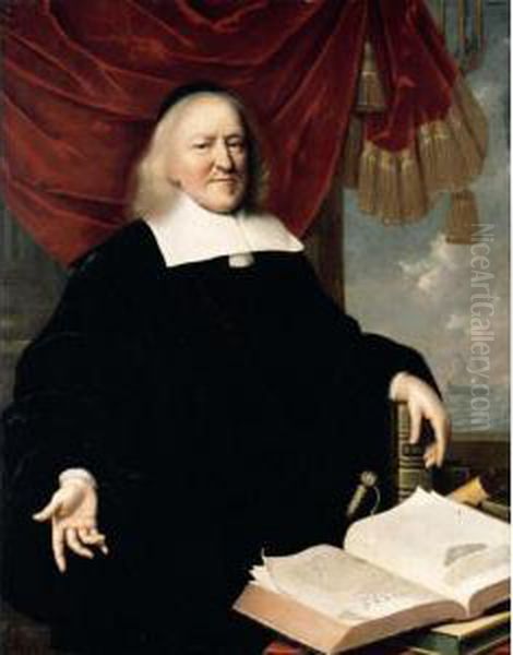 Portrait Of Hendrik Thibaut, 
Three-quarter Length Seated Before A Red Curtain Wearing Black, With His
 Left Hand Resting On A Copy Of The Bible And On A Table In Front Of Him
 An Open Copy Of ' Oil Painting by Pieter Nason
