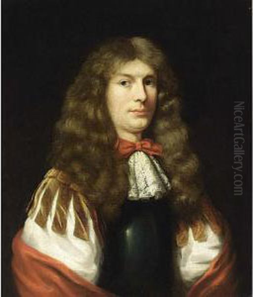 A Portrait Of A Young Gentleman,
 Half Length, Wearing A White Chemise And A White Lace Scarf Together 
With A Red Bow And Shawl, A Cuirass And A Wig Oil Painting by Pieter Nason