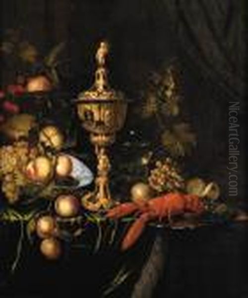 A Lobster On A Silver Dish, An 
Ornamental Gold Cup And Cover,peaches, Grapes And Plums In A Porcelain 
Bowl, Cherries And Orangeson A Silver Tazza, A Partly Peeled Lemon And A
 Roemer On A Partlydraped Ledge Oil Painting by Pieter Nason