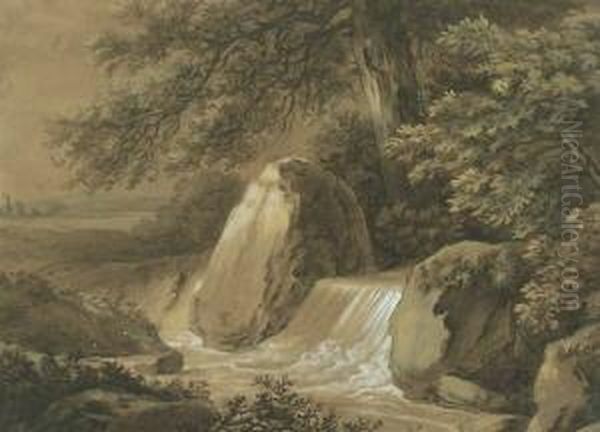 Landschaft Mit Uber Einen Felsen
 Sturzenden Bach. Pinsel In Braun, Braun Laviert, Uber Bleistift, Mit 
Deckweis Und Gelber Deckfarbe Gehoht, Auf Braunem Butten. 23,2 X 32 Cm. 
Um 1800. Oil Painting by Christoph Nathe