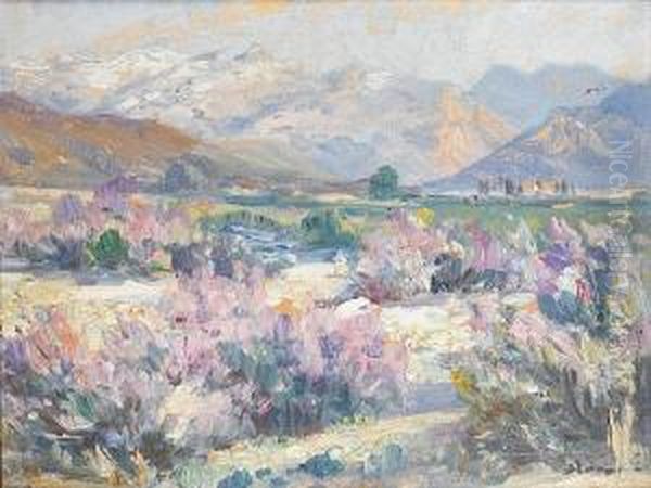 Purple Blossom With Mountains Beyond Oil Painting by Hugo Pieter Naude