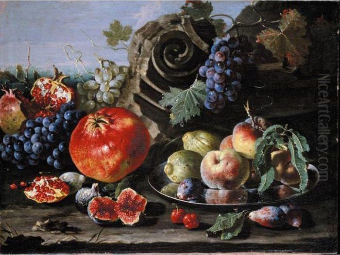 Still Life Of Pomegranates, Red 
And White Grapes, Figs, Plums, Green Figs And Peaches On A Silver Plate,
 Together With A Fragment Of A Classical Column, All Arranged In A 
Landscape Oil Painting by Pietro Navarra