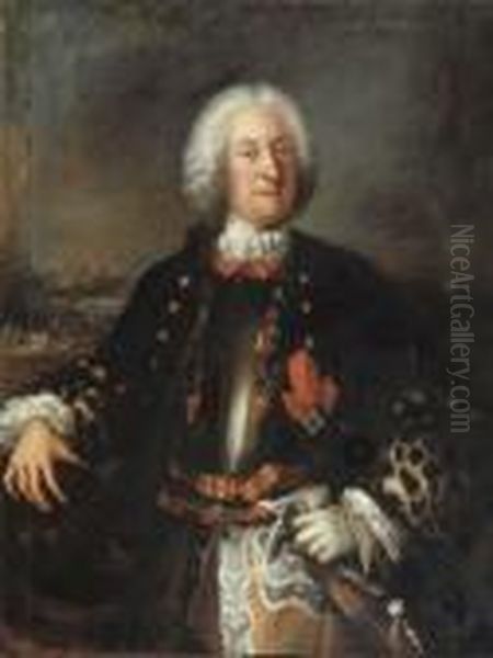 Portrait Of A Nobleman, 
Three-quarter Length, In Armour Andhermeline Lined Cape, With Sash And 
Order, His Right Hand On Ahelmet, A Battlefield Beyond Oil Painting by Bartolomeo Nazari