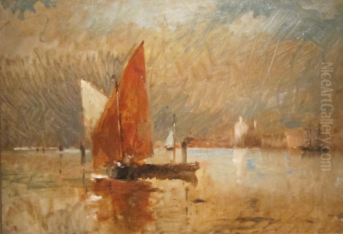 Red Sail in the Harbor at Venice Oil Painting by Frank Duveneck