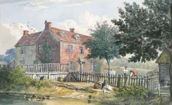 The Exterior Of A Farmhouse At 
Holbrook, Ipswich, Suffolk; And Aview Of The Interior Of The Kitchen Oil Painting by J. P. Neale