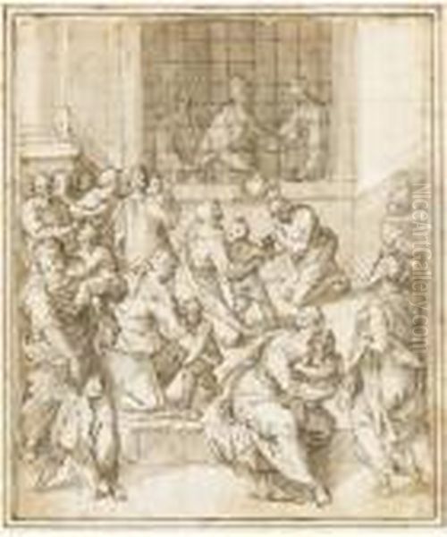 A Pope Baptising A Crowd Through A Gated Window Oil Painting by Cesare Nebbia