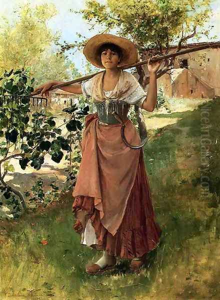 Italian Girl with Rake Oil Painting by Frank Duveneck