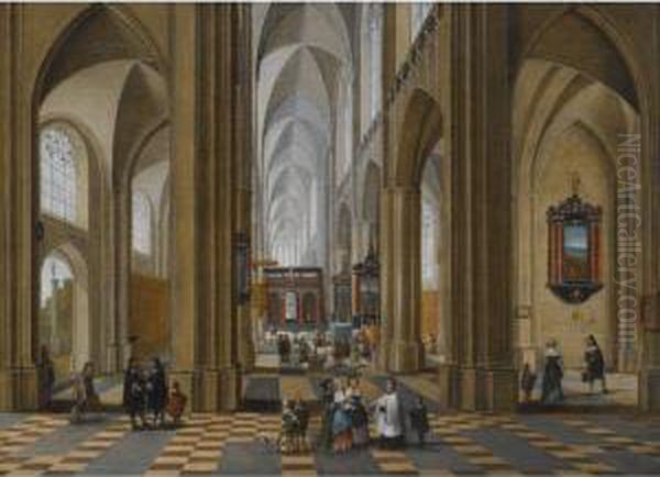 The Interior Of A Gothic 
Cathedral With Elegant Figures Strollingand Others Attending A Mass Oil Painting by Pieter Neefs The Elder, Frans The Younger Francken