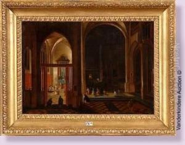 Interieur D'eglise Anime A Anvers Oil Painting by Pieter Neefs The Elder, Frans The Younger Francken