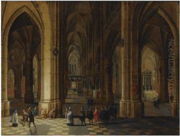 A Church Interior Of The 
Cathedral Of Antwerp With A Procession Inthe Foreground And Beggars 
Seated To The Left Oil Painting by Pieter Ii Neefs