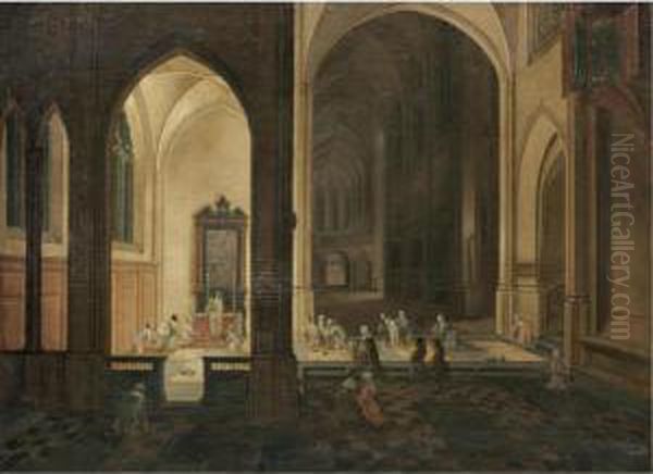 The Interior Of A Gothic Church 
By Night, With A Priest Conducting A Service In A Side Chapel Oil Painting by Pieter Ii Neefs