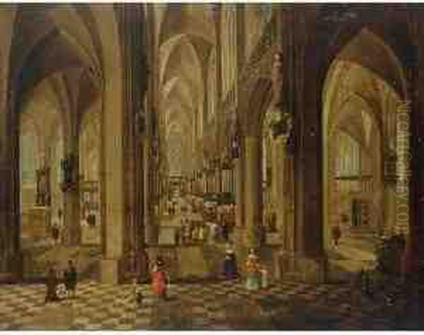 The Onze Lieve Vrouwe Cathedral 
In Antwerp With A Service In The Side Chapel And Elegant Dressed Figures
 To The Foreground Oil Painting by Pieter Ii Neefs