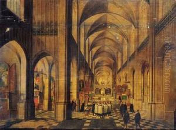 A View In A Gothic Church 
Looking East With A Service Taking Place At An Altar On The Left And A 
Choir Singing In The Nave Oil Painting by Pieter Ii Neefs