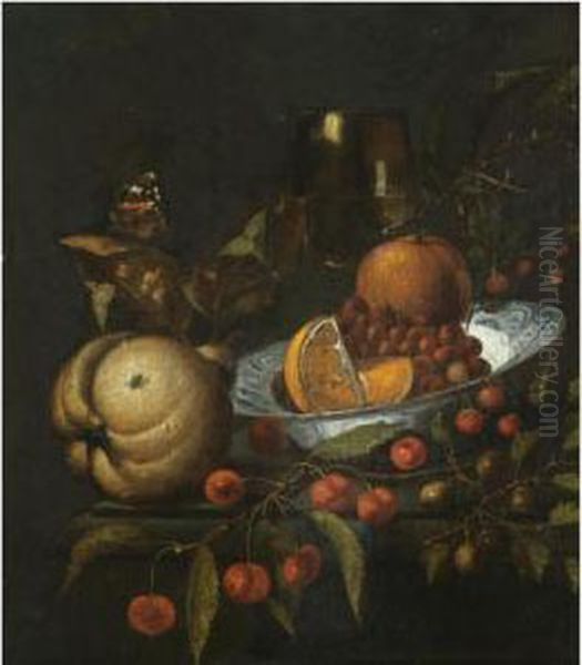 A Still Life With Oranges And 
Wild Strawberries In A Blue And White Porcelain Bowl, Together With 
Gooseberries, Cherries, A Roemer Of Wine, A Pear And A Butterfly On A 
Stone Ledge Oil Painting by Marten Nellius