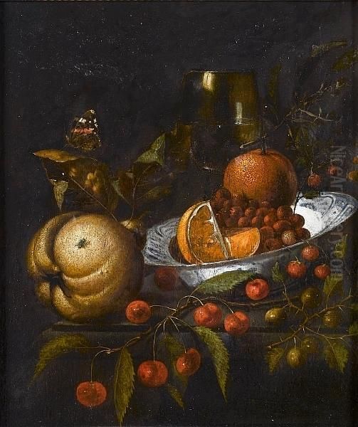 A Blue And White Wan-li Kraak 
Bowl Filled With Oranges And Wild Strawberries On A Stone Ledge With A 
Pear, A Roemer, Cherries And A Butterfly Oil Painting by Marten Nellius