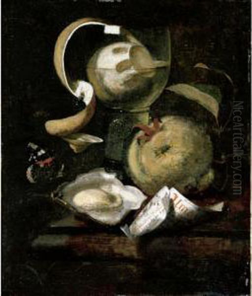 Still Life Of A Peeled Lemon In A
 Roemer, An Apple, Paper, Oyster And Butterfly On A Ledge Oil Painting by Marten Nellius
