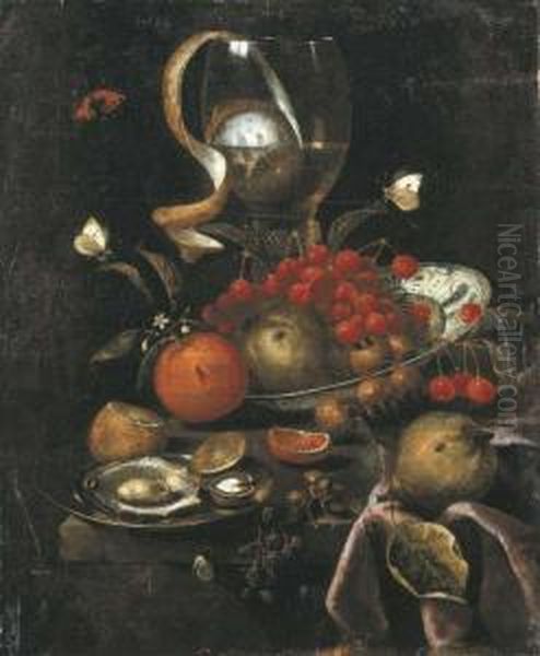 A Partly-peeled Lemon In A Giant
 Roemer, A Wan-li Dish Withcherries, Apples And Oranges, And A Pewter 
Plate With Oysters And Awalnut, With A Pear, Blackberries And 
Butterflies On A Partlydraped Stone Ledge Oil Painting by Marten Nellius