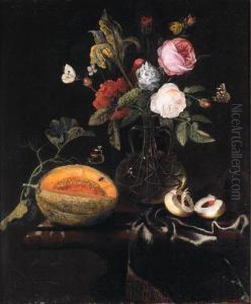 Roses, An Iris And Other Flowers
 In A Glass Vase, A Melon And Apeach With Butterflies On A Draped Marble
 Table Oil Painting by Marten Nellius