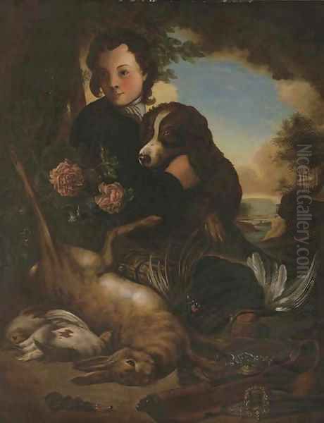 A boy and a dog with dead game by a tree in a landscape Oil Painting by Alexandre-Francois Desportes