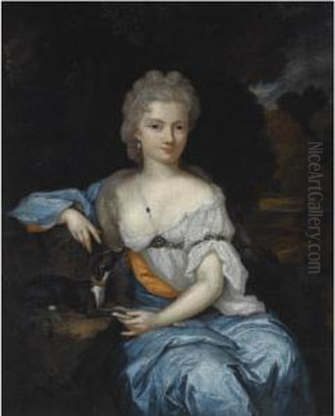 Portrait Of A Young Woman, 
Seated Three-quarter Length, Wearing Ablue And White Dress, With A Dog, 
In A Park Setting Oil Painting by Constantin Netscher