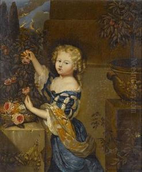 Portrait Of A Young Girl, 
Smallthree-quarter-length, In A Blue Dress With A Gold Wrap, 
Pickingroses, A Basket Of Flowers On A Stone Plinth At Her Side Oil Painting by Constantin Netscher