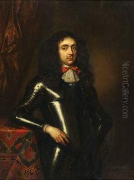 Portrait Of Agentleman In 
Armour, Three Quarter Length Standing, His Right Armresting On A Table Oil Painting by Constantin Netscher