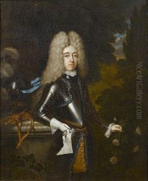 Portrait Of William North, Sixth
 Baron North, Second Baron Grey Of Rolleston, And Jacobite Earl North 
(1678?1734), Three-quarter-length, In Armour, Standing Beside A Marble 
Ledge On Which Rest His Helmet And Sword, In A Landscape; And Portrait 
Of  Oil Painting by Constantin Netscher