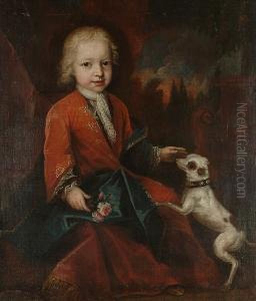 Portrait Of A Young Child, 
Seated, Full-length In A Red Robe And A Blue Wrap, Holding A Posy Of 
Flowers And Stroking A Dog, A Park Landscape Beyond Oil Painting by Constantin Netscher