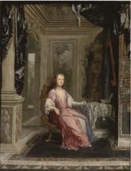 Portrait Of A Lady, Seated 
Full-length, In An Interior, Holding Astring Of Pearls In Her Right Hand Oil Painting by Constantin Netscher