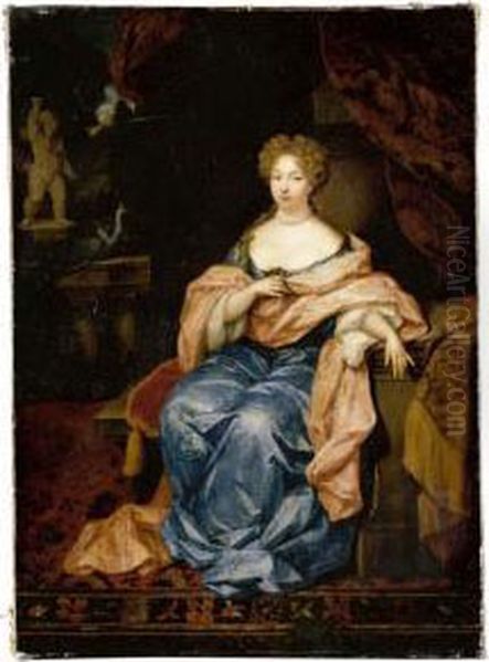 Portrait Of A Lady Seated In An 
Interior, Full Length, Wearing A Blue Silk Dress With A Pink Silk Shawl Oil Painting by Constantin Netscher